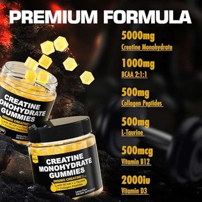 EnvyCure Creatine Monohydrate Gummies for Men & Women - with BCAA, Collagen Peptides, L-Taurine, Vitamin B12, D3, Creatine Monohydrate 5000mg (5g) Per Serving, Lemon Flavor, Sugar Free, 1 Pack - Image 3