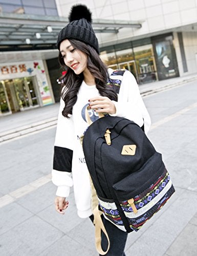 mygreen Kawaii Girls Backpack for School - Lightweight Canvas Backpack for Teens Ages 8-12, Fits 15 Inch Laptop, Cute Boho Floral Design, Durable & Comfortable Black - Image 2