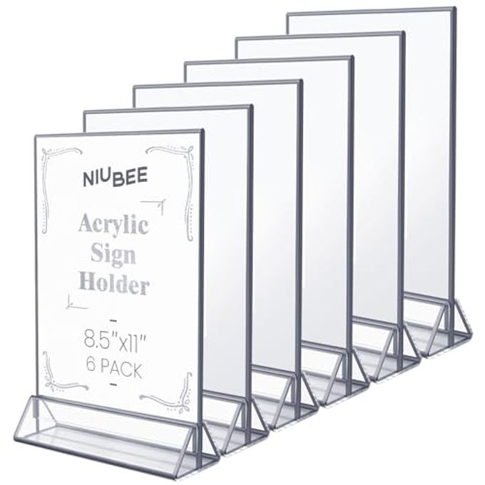 6PACK 85X11 CLEAR ACRYLIC SIGN HOLDER WITH SLIVER BORDERS AND VERTICAL STAND DOUBLE SIDED TABLE MENU HOLDERS PICTURE FRAMES FOR WEDDING TABLE NUMBERS PHOTOS