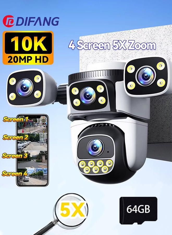 DIFANG 10K 20MP Four Screen Outdoor WiFi Cam PTZ 5X Zoom Night Vision Four Lens 10K Wireless CCTV Surveillance Cam Security Protection (inlcuded 64G Card) - Image 1