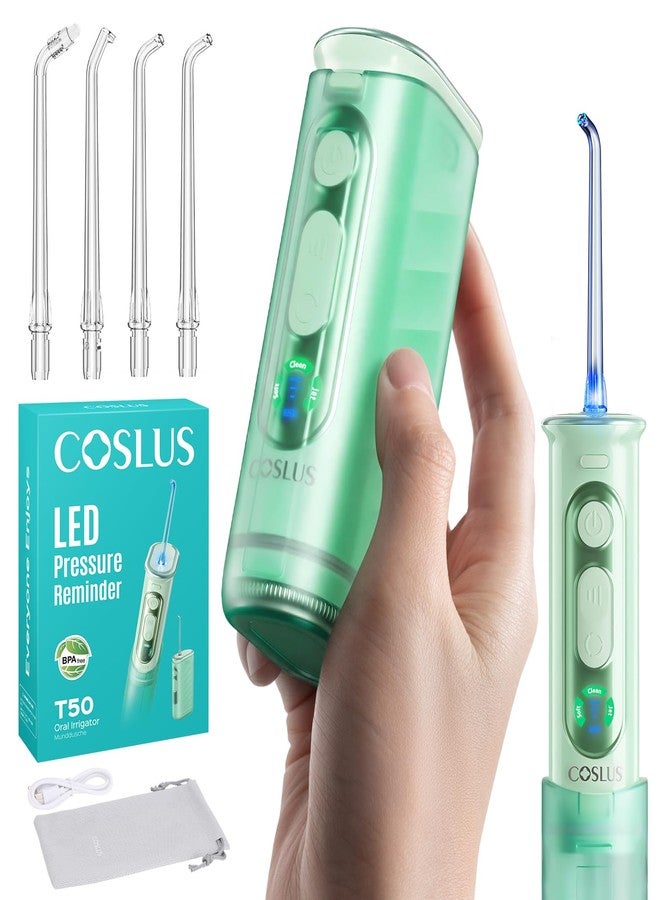 كوسلوس جهاز تنظيف الأسنان بالماء المحمول COSLUS T50 للسفر: خيط تنظيف أسنان لاسلكي صغير مزود بشاشة عرض ومؤشر ضغط ضوئي، سعة 240 مل، 9 مستويات لتقويم الأسنان والعناية باللثة، قابل لإعادة الشحن أثناء التنقل، مقاوم للماء بمعيار IPX7، لون أخضر - Image 1