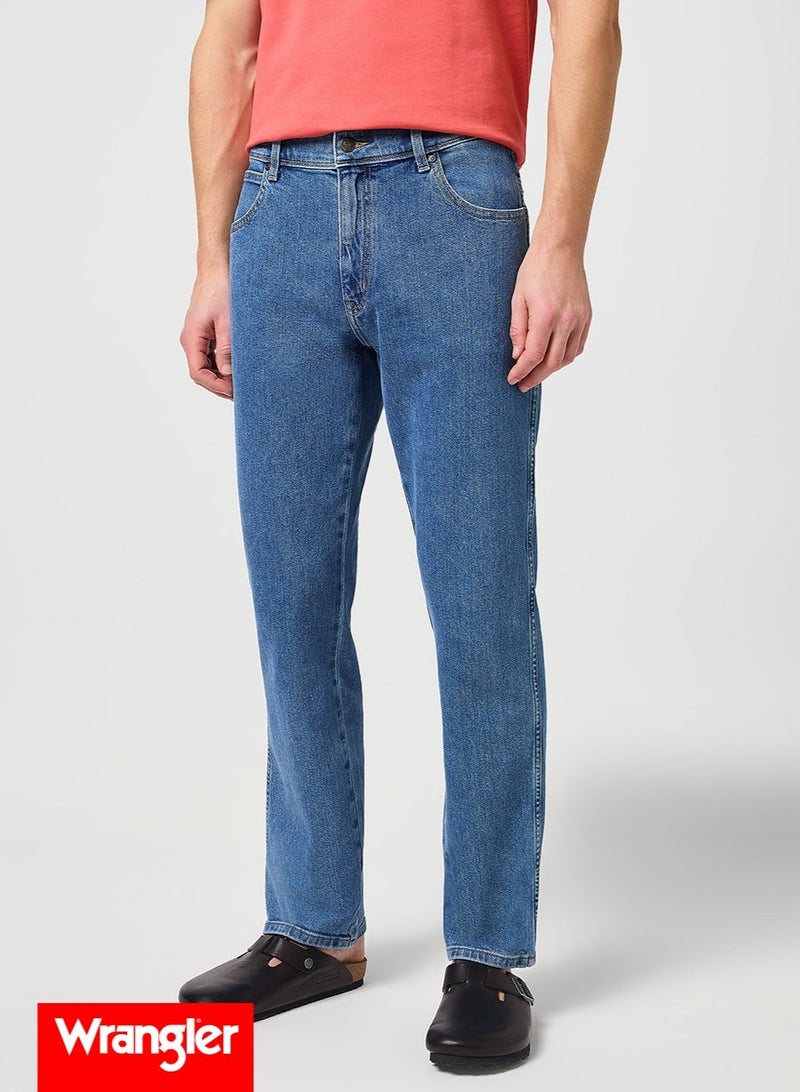 Wrangler Men's Durable Regular Fit Stonewash Blue Jeans – 5 Pockets, Mid-Rise, Straight Leg, 3/1 Righthand Twill Fabric,  Stretch Denim - Image 1
