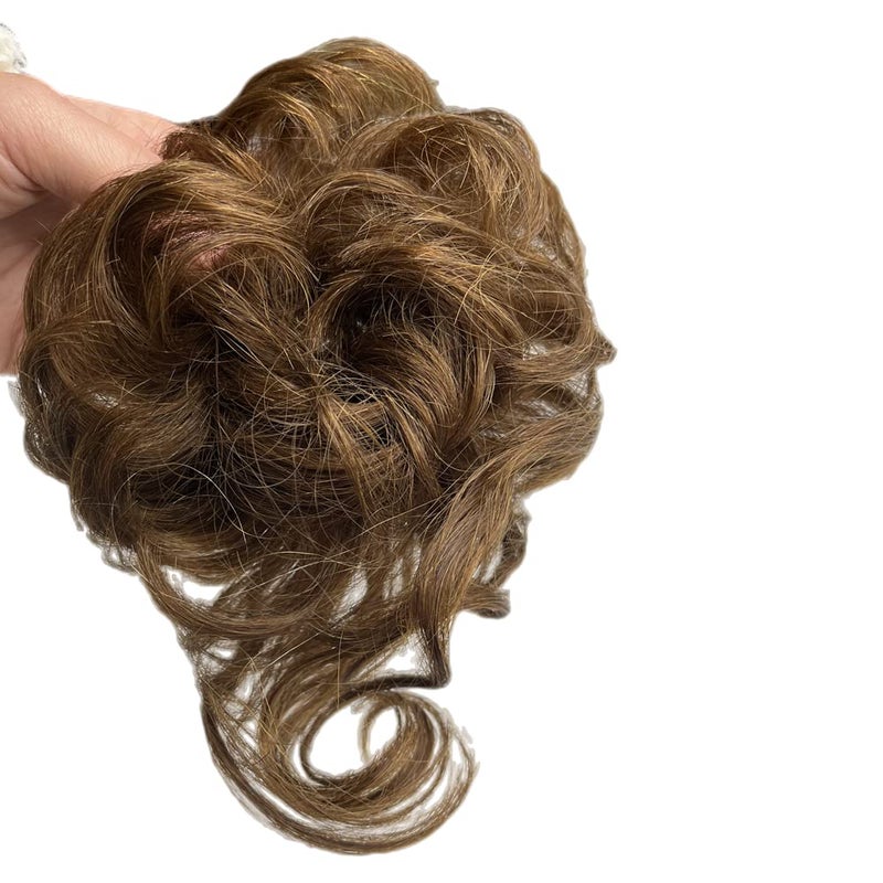 AYunhe 100 Human Messy Hair Bun with Fringe Tail Tousled Updo Scrunchies Hair Pieces Ponytail Hair Extension Curly Wavy Chignon Hairpieces for Women Girls Light Brown