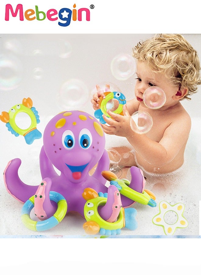 ميبيجين لعبة استحمام تفاعلية، لعبة استحمام أخطبوط أرجواني عائم مع 5 حلقات حيوية بحرية، لعبة استحمام آمنة ممتعة للأطفال، ألعاب مائية تعليمية للأطفال، في حوض الاستحمام أو حوض التجديف، رفيق استحمام لطيف للأطفال - Image 1