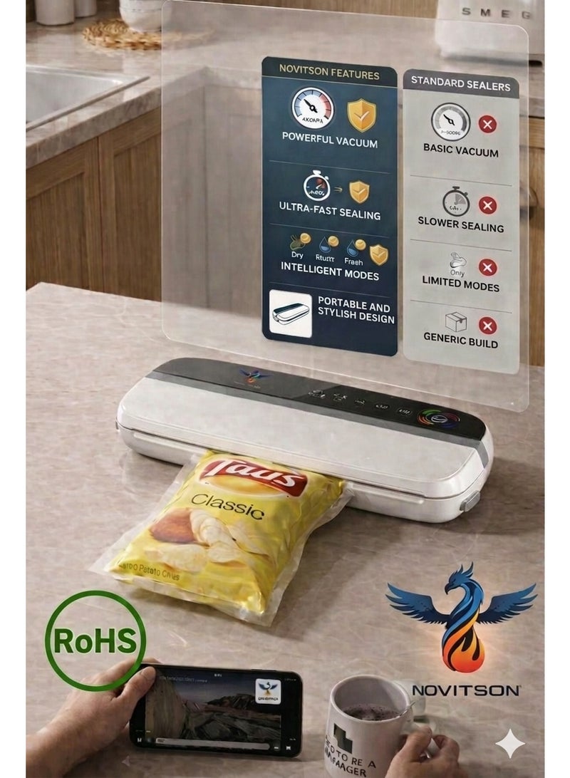 Novitson Automatic Vacuum Sealer Machine for Food Preservation 60kpa  –  NVS-7321B Automatic Air Sealing System, Food Vacuum Sealer with Strong Airtight Seal, White - Image 2