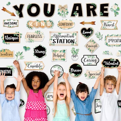 Weekgrat 45 Pcs Eucalyptus Affirmation Station Bulletin Board Set Motivational Posters Classroom Mirror Growth Mindset Decor Positive Affirmations Accents Cutouts for School Office Home Teacher Wall - Image 2