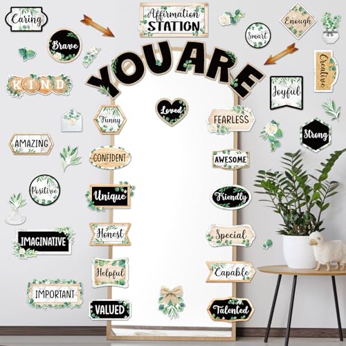 Weekgrat 45 Pcs Eucalyptus Affirmation Station Bulletin Board Set Motivational Posters Classroom Mirror Growth Mindset Decor Positive Affirmations Accents Cutouts for School Office Home Teacher Wall - Image 5