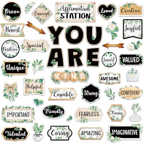 Weekgrat 45 Pcs Eucalyptus Affirmation Station Bulletin Board Set Motivational Posters Classroom Mirror Growth Mindset Decor Positive Affirmations Accents Cutouts for School Office Home Teacher Wall - Image 1