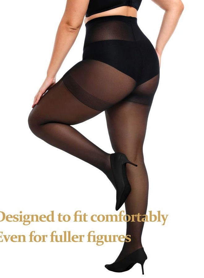 oeat Women's 2 Pairs Plus Size Nylons Soft Sheer Tights - 20D Queen Size High Waist Control Top Pantyhose for Women, Black, 3X - Image 2