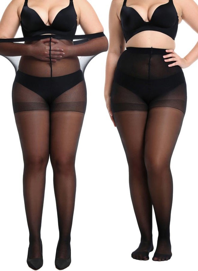 oeat Women's 2 Pairs Plus Size Nylons Soft Sheer Tights - 20D Queen Size High Waist Control Top Pantyhose for Women, Black, 3X - Image 1