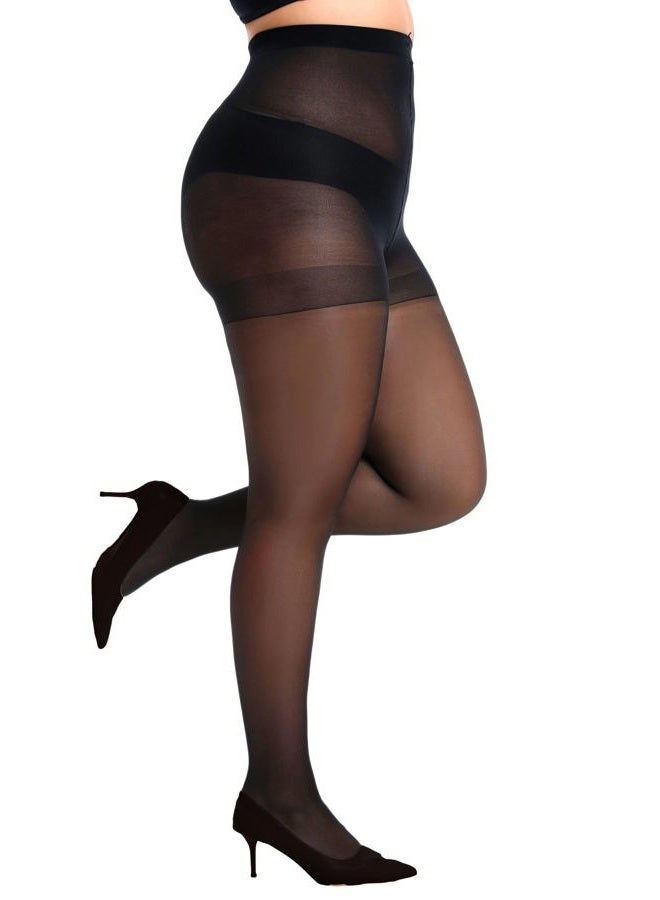oeat Women's 2 Pairs Plus Size Nylons Soft Sheer Tights - 20D Queen Size High Waist Control Top Pantyhose for Women, Black, 3X - Image 3