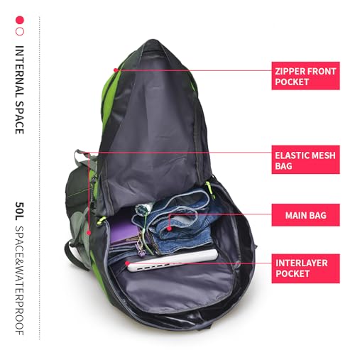 Bseash 50L Hiking Backpack, Water Resistant Lightweight Outdoor Sport Daypack Travel Bag for Camping Climbing Skiing Cycling (Green - No Shoe Compartment) - Image 3