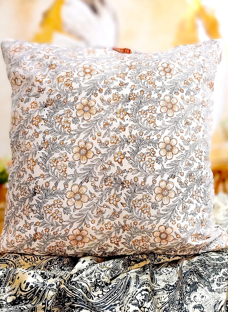 OJARIYA Grey Brown Premium Organic Cotton  Hand Block Printed Cushion Cover 65 Cm X 65 Cm - Image 2