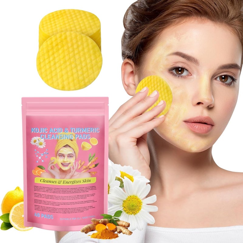 LOPHE Turmeric Kojic Acid Cleansing Pads 40Pcs Turmeric Exfoliating Pads Turmeric Kojic Acid Lemon Chamomile Pads Facial Sponges for Cleansing Turmeric Cleansing Sponges for All Skin Types