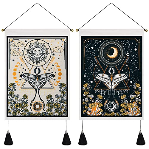 Jufay Pack of 2 Sun and Moon Tapestries - Yellow and Orange Tapestry Flower Vine Wall Hanging for Room (13.8 x 19.7 inches) - Image 1