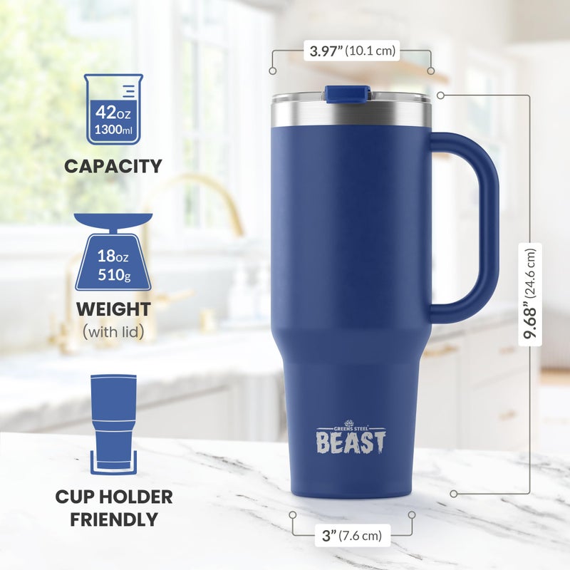 Greens Steel Beast 42 oz Tumbler Stainless Steel Vacuum Insulated Coffee Ice Cup Double Wall Travel Flask (Royal Blue)  - Image 3