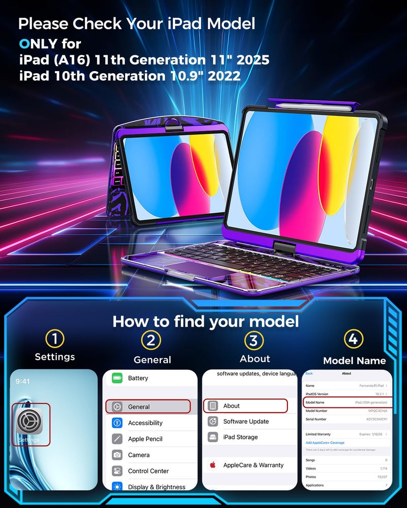 SIBEITU Keyboard Case for iPad A16 11th Gen 11" 2025 & 10th Gen 10.9" 2022, Clear Wireless Keyboard Protective Cover with Multi-Touch Trackpad, 7-Color Backlight & 3-Brightness, 360 Rotatable, Purple - Image 2