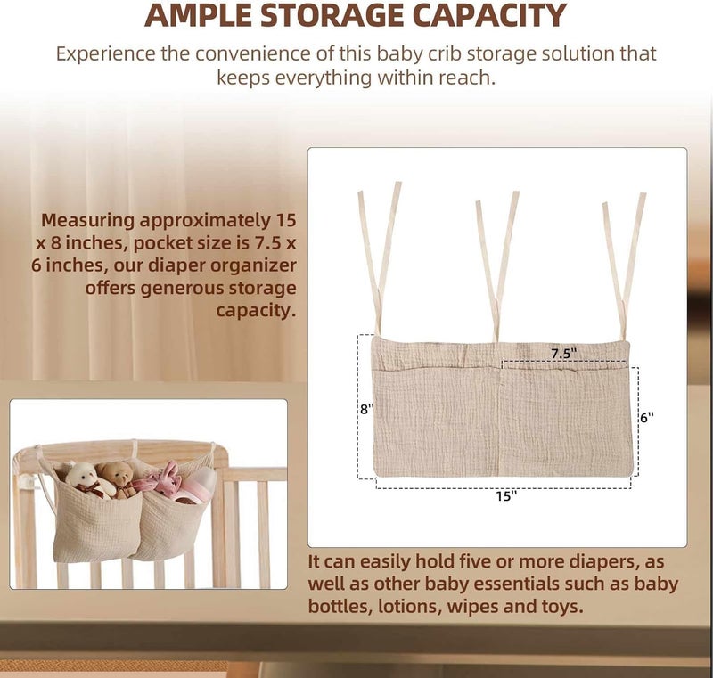 Baby Diaper Caddy Organizer, Bedside Hanging Storage Bag With 2 Pockets, Multi-Functional Stacker for Crib, Nursery Organizer and Accessories - Image 3