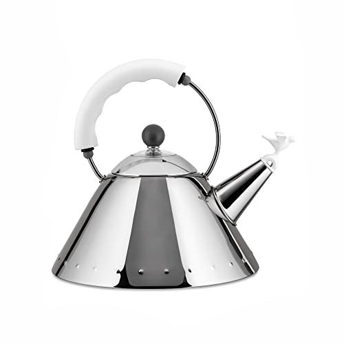 Alessi 9093 W - Design Kettle with Handle and Bird-Shaped Whistle, Stainless Steel and PA, White - Image 1