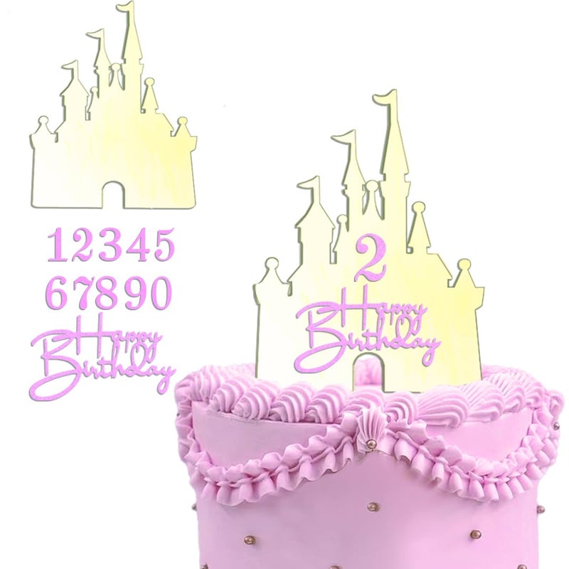 DiDida Castle Cake Topper with Happy Birthday Sign Personalize Age Number for Princess Castle Theme Birthday Party - Image 1