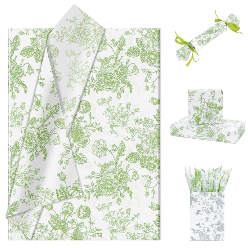 Larcenciel Elegant Floral Tissue Paper for Gift Bags, Sage Green Flower Gift Wrapping Tissue Paper, Pretty Botanical Packing Supplies for Wedding Gifts, Birthday Presents & Crafts, 20x14 in 30 Sheets - Image 1