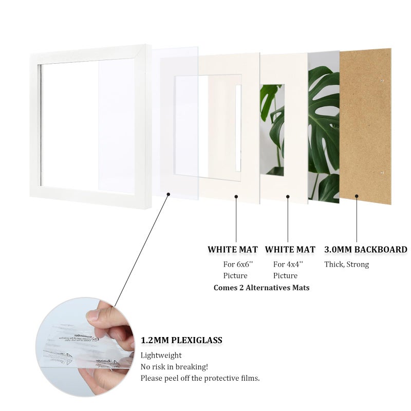 Egofine 8x8 Picture Frame 4PCS  Made of Solid Wood Covered by Plexiglass Display 4x4/6x6 with Mat or 8x8 without Mat  for Table Top Display and Wall Mounting Photo Frame  White with Texture - Image 3