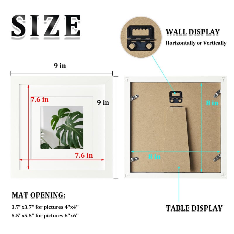 Egofine 8x8 Picture Frame 4PCS  Made of Solid Wood Covered by Plexiglass Display 4x4/6x6 with Mat or 8x8 without Mat  for Table Top Display and Wall Mounting Photo Frame  White with Texture - Image 2