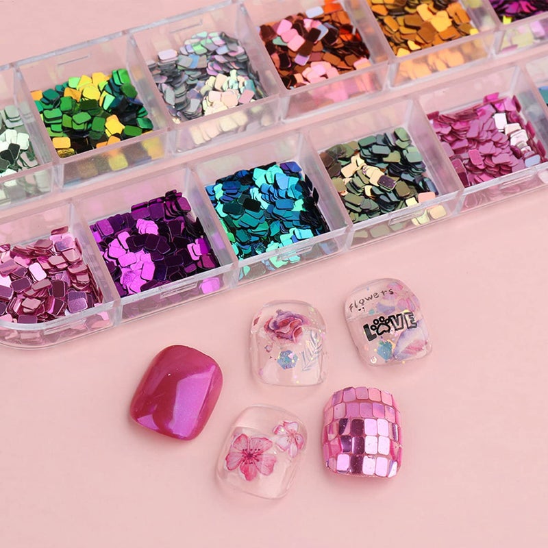 Onsdag Holographic Square Glitter Flakes, 12 Colors Rectangle Sparkly Sequins, 3D Glitters Acrylic Nails Supplies for Women Girls Manicure Shiny Decorations, DIY Crafts Resin Nail Art Tips - Image 5