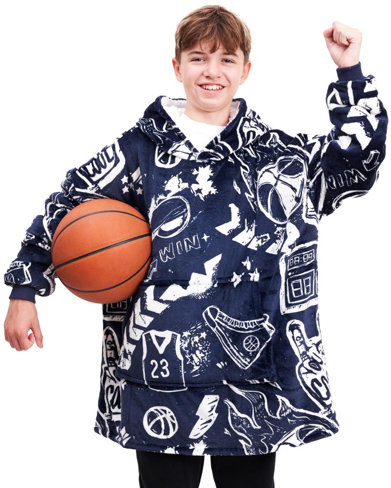 The Big Softy Oversized Blanket Hoodie Kids- Basketball Graphic Print Black Oversized Hoodie, Super Soft Sherpa Warm Hooded Blanket, Basketball Gifts for Kids, Boys, Girls, Friends- One Size Fits All - Image 1