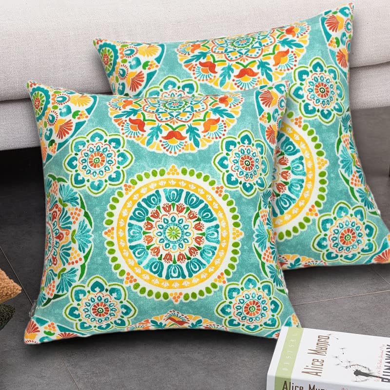 FUNHOME Outdoor Pillow Covers ONLY, No Insert! Pack of 2 Square Throw Pillow Covers, Decorative Water-Repellent Modern Cushion Cases for Sofa Patio Couch Decoration 18 x 18 Inch-Cyan Circle - Image 2