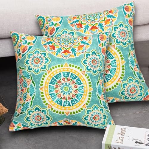 FUNHOME Outdoor Pillow Covers ONLY, No Insert! Pack of 2 Square Throw Pillow Covers, Decorative Water-Repellent Modern Cushion Cases for Sofa Patio Couch Decoration 18 x 18 Inch-Cyan Circle - Image 1