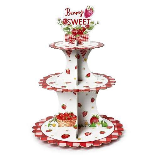 Haooryx Strawberry Cupcake Stand 3 Tier Berry Sweet Red Plaid Cupcake Tower Cardboard Dessert Holder Pastry Platter for Baby Shower Girls Birthday Spring Summer Holiday Party Table Decoration Supply - Image 1