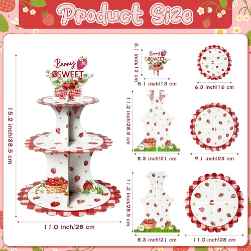 Haooryx Strawberry Cupcake Stand 3 Tier Berry Sweet Red Plaid Cupcake Tower Cardboard Dessert Holder Pastry Platter for Baby Shower Girls Birthday Spring Summer Holiday Party Table Decoration Supply - Image 3