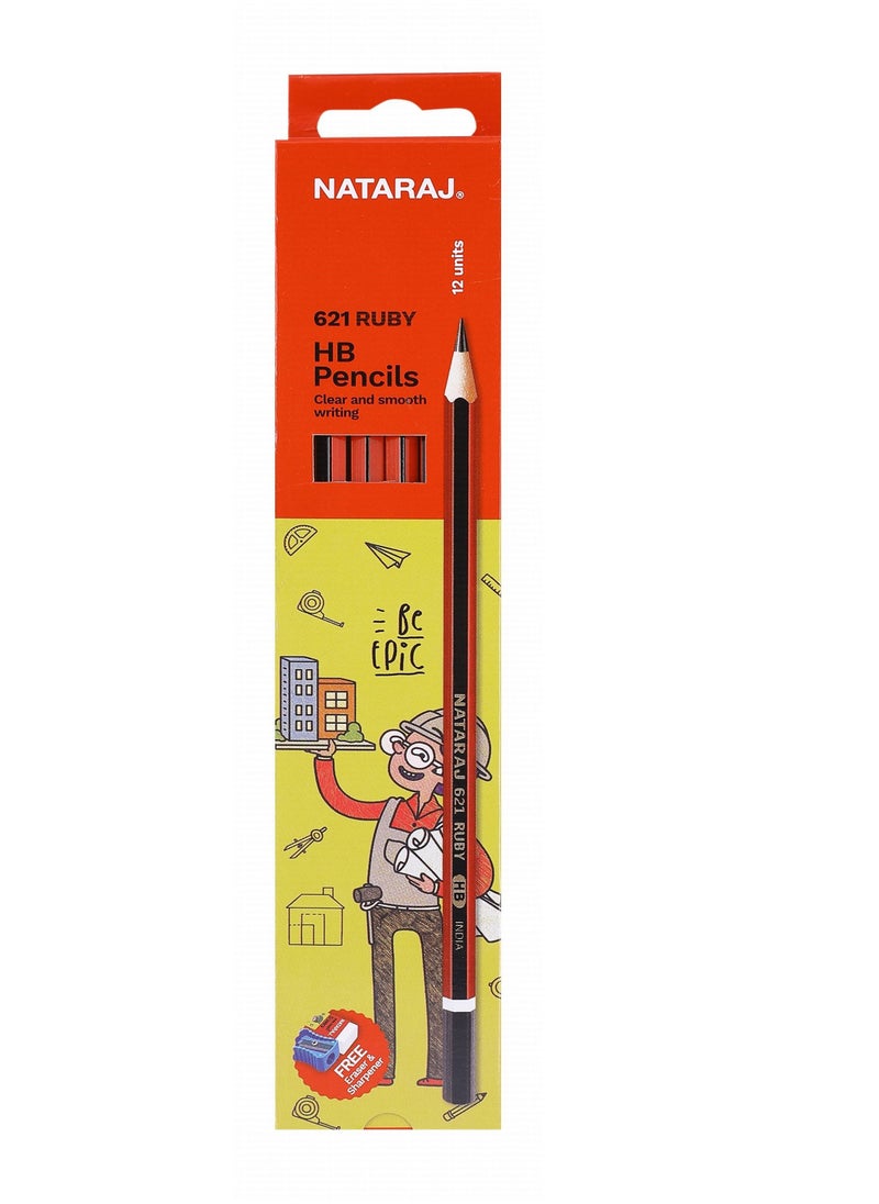 NATARAJ - 12-Piece Ruby HB Graphite Pencils With One Sharpener And Eraser - Image 1