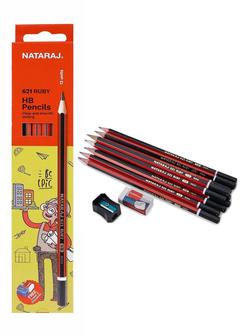 NATARAJ - 12-Piece Ruby HB Graphite Pencils With One Sharpener And Eraser - Image 1