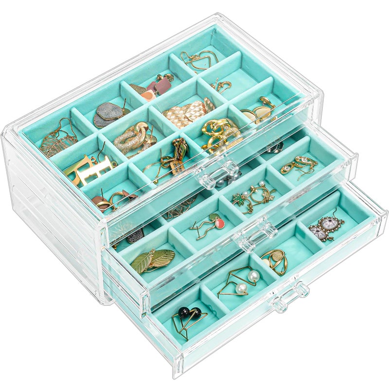 ProCase Earring Organizer Jewelry Organizer Box with 3 Drawers, Acrylic Stackable Jewelry Holder Clear Earring Storage Case with Adjustable Velvet Trays for Women on Dresser Vanity -Aqua,3 Layers - Image 1