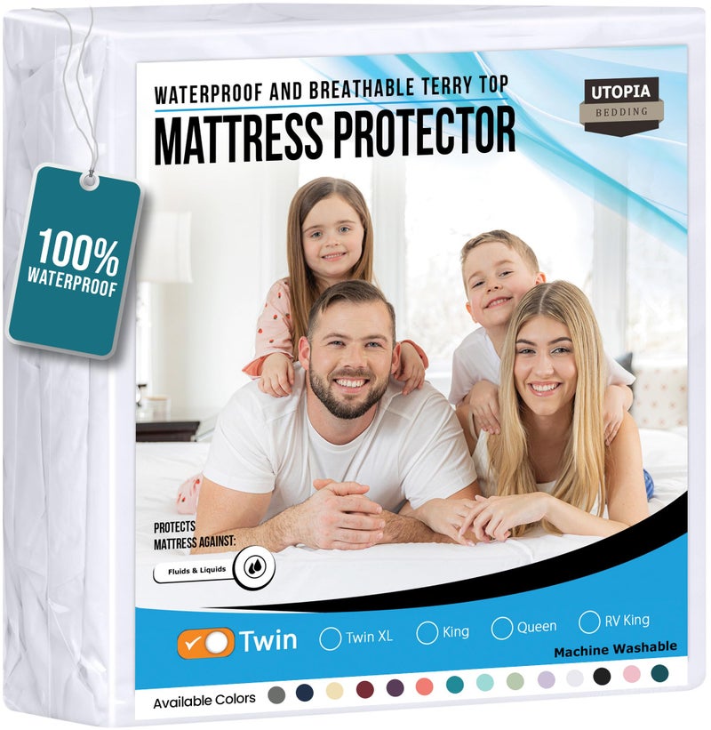 Utopia Bedding Waterproof Mattress Protector Twin Size, Premium Terry Mattress Cover 200 GSM, Breathable, Fitted Style with Stretchable Pockets (White) - Image 1