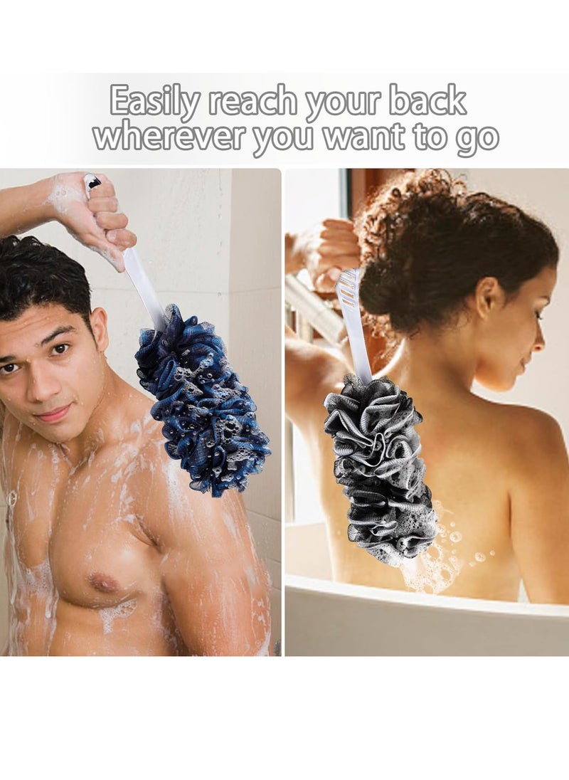QE 2Pack Loofah Sponge, Qewro Dual-Sided Loofah on a Stick Exfoliating Body with Long Handle, Body Scrubber for Back use in Shower with Loufas or Lufa for Men Women (2Pack Black and Navyblue)  - Image 2