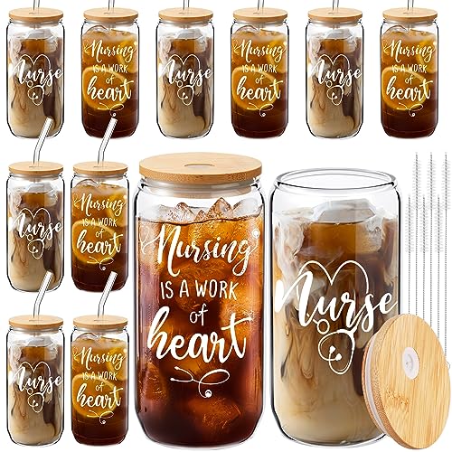 Suttmin 12 Pcs Nurse Appreciation Gifts Mason Jar Glass Cup 16 oz Coffee Drinking Jars with Lids and Straws Cleaning Brush Nursing Drinking Gift for Women Birthday Nurse Practitioner