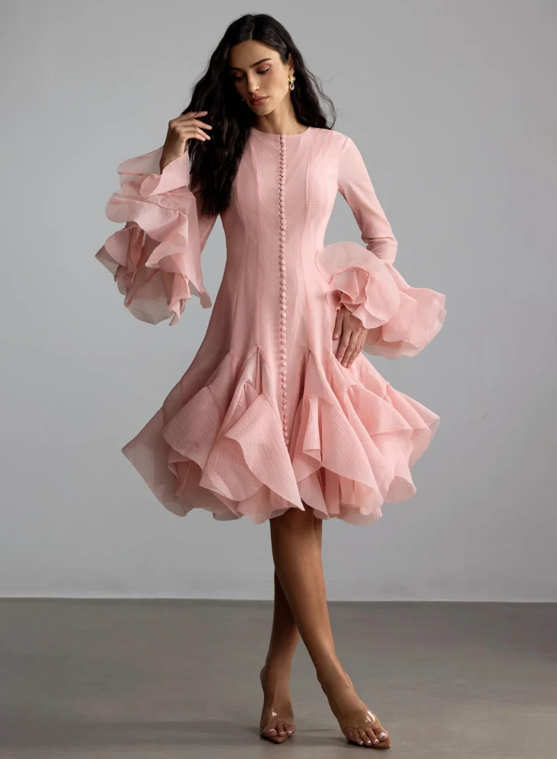 Sunfere Pink Gloria Long Sleeve Flared Hem Midi Dress for Women | Best Price UAE