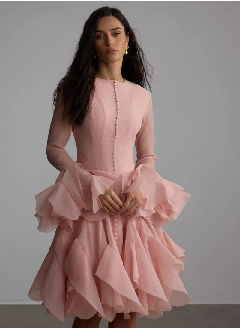 Sunfere Pink Gloria Long Sleeve Flared Hem Midi Dress for Women | Best Price UAE