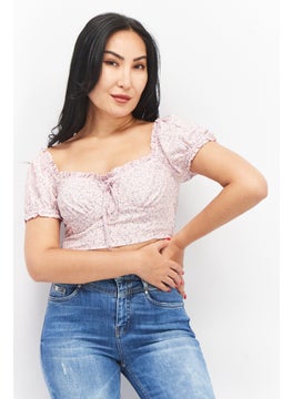 Women Square Neck Short Sleeve Floral Print Blouse, Pink