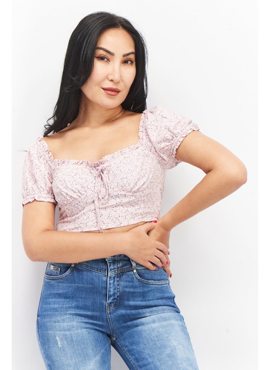House Brand - Women Square Neck Short Sleeve Floral Print Blouse, Pink - Image 1