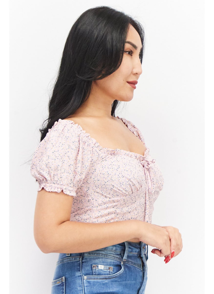 House Brand - Women Square Neck Short Sleeve Floral Print Blouse, Pink - Image 1