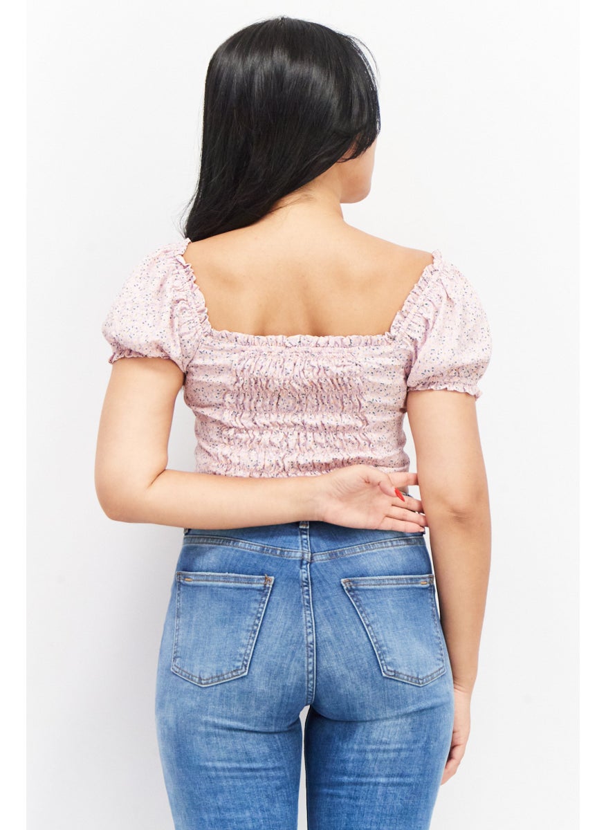 House Brand - Women Square Neck Short Sleeve Floral Print Blouse, Pink - Image 1