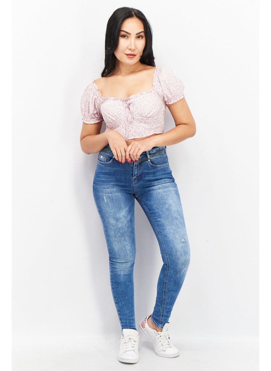 House Brand - Women Square Neck Short Sleeve Floral Print Blouse, Pink - Image 1