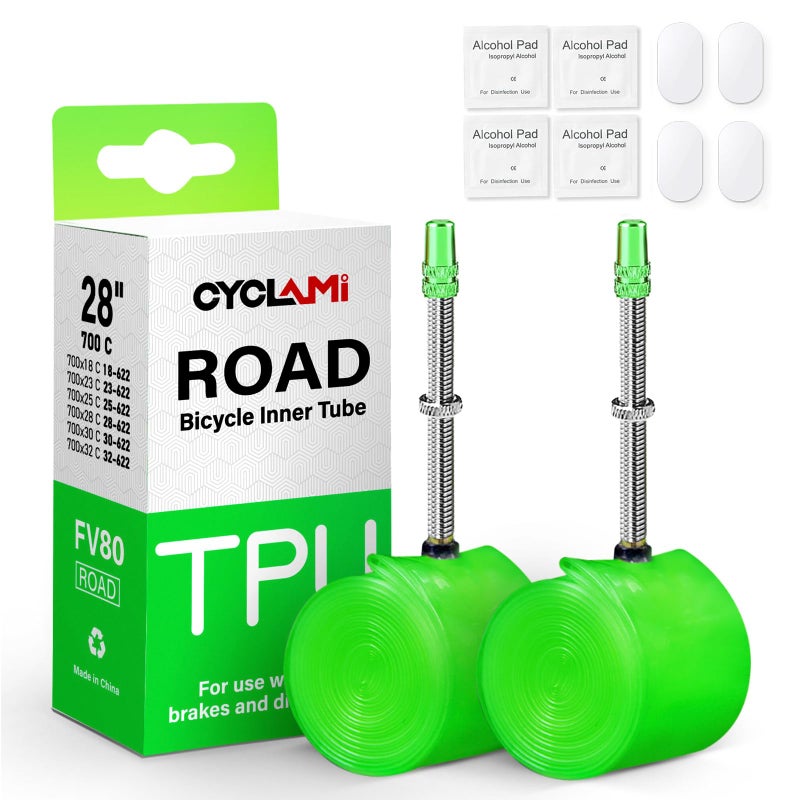 CYCLAMI 2-Pack 700C Bike Inner Tube Ultralight 1.34oz/38g TPU Road Bicycle Tire 28'' 700 x 18 23 25 28 30 32C Metal Presta Valve FV 3.15''/80mm Super Light for Adult (4*Bike Tube Patch Repair Kit) - Image 1