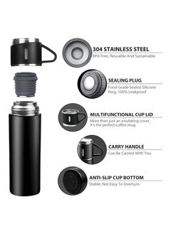 TIGER 500ml Stainless Steel Vacuum Thermos Flask with Silicone Handle – Insulated Water Bottle Set with 2 Stainless Steel Cups for Hot & Cold Drinks – Ideal for Outdoor Travel. Camping, Hiking | Gift Box Set (2 PACK) – Black  - Image 2