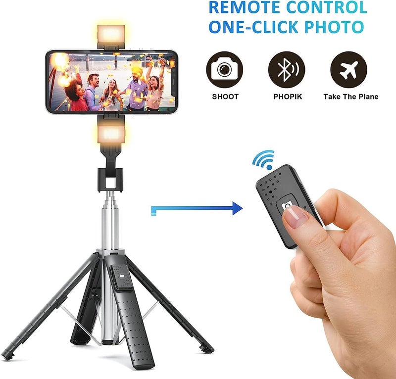 Sanyaa Selfie Stick Tripod Quadrapod with 2 Rechargeable Fill Light, Extendable Tripod with Bluetooth Remote, Stainless Steel, 3 Light Modes, 9 Brightness Levels, Compatible for All iPhone & Android - Image 3