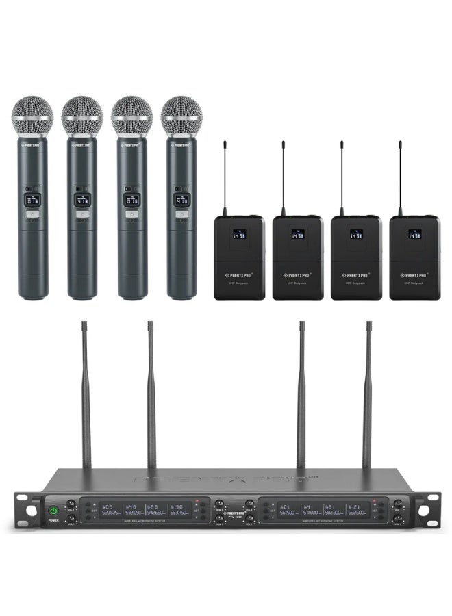 Phenyx Pro PTU-6000-4H4B Eight-Channel UHF Wireless Microphone System – 4 Handheld Mics & 4 Bodypacks, Auto-Scan, 328ft Range, Rack-Mountable, All-Metal Build, For DJs, Churches & Live Events - Image 1